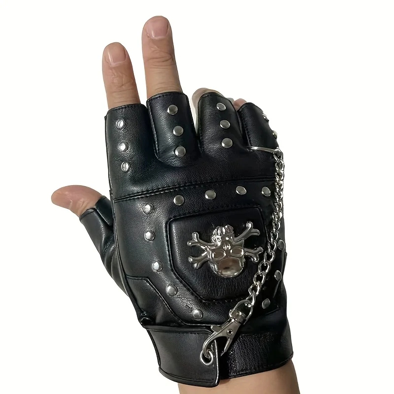 Punk Skull Rivet ถุงมือผู้หญิง Street Dance ผู้ชายแฟชั่นคู่ถุงมือไนท์คลับกันน้ํา PU หนัง Half Finger ถุงมือ