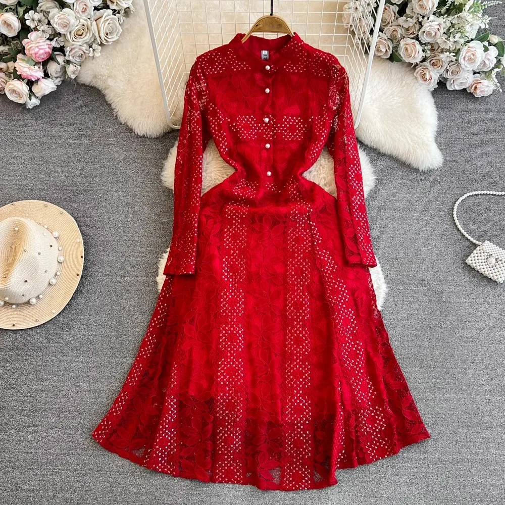 

2024 New Spring Summer Lace Dress Fashion Vintage Floral Hollow Out Luxury Elegnat Slim Women Evening Party Office Dresses