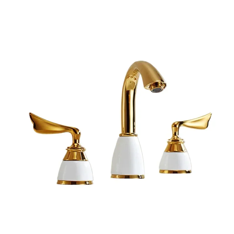 

Brass rose gold three-hole split basin hot and cold faucet, bathroom cabinet antique ceramic faucet three-piece set