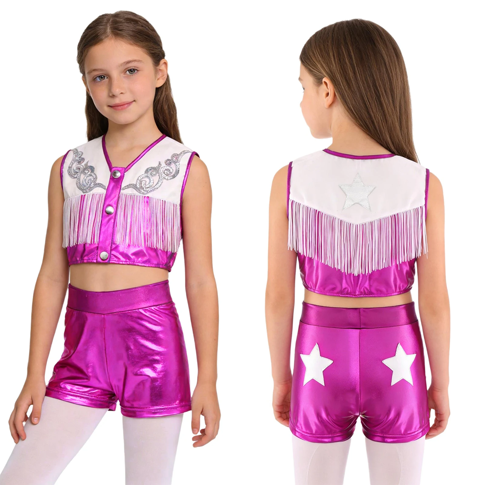 

Костюм болельщика в стиле вестерн для девочек, укороченный топ без рукавов с блестками и бахромой, шорты для Хэллоуина, карнавала, вечеринки, косплея