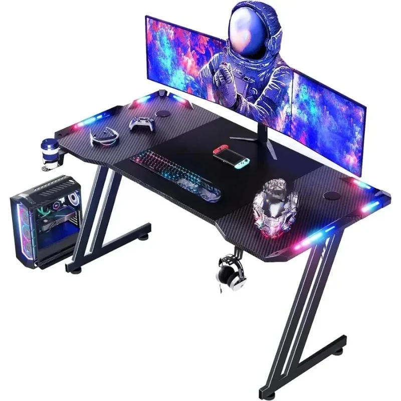 Large Computer Desk Ergonomic Home Office Desks  47 Inch Gaming Desk with LED Lights Carbon Fibre Surface Gaming Table