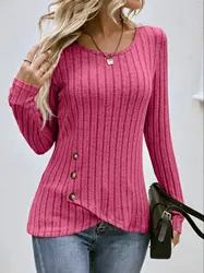 Casual Round Neck Long Sleeved Button Knit Sweater Women Autumn Solid Color Pullover T-Shirt