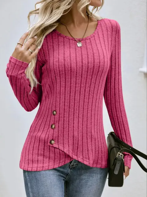 Casualowy sweter z okrągłym dekoltem i długim rękawem, zapinany na guziki, damski, jesienny, jednolity kolor, pulowerowy T-shirt