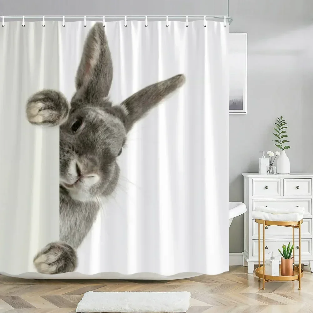 Easter Funny Bathroom Shower Curtain Happy Rabbit Bunny Waterproof Removable Bath Farmhouse Stall Bathtub Decor