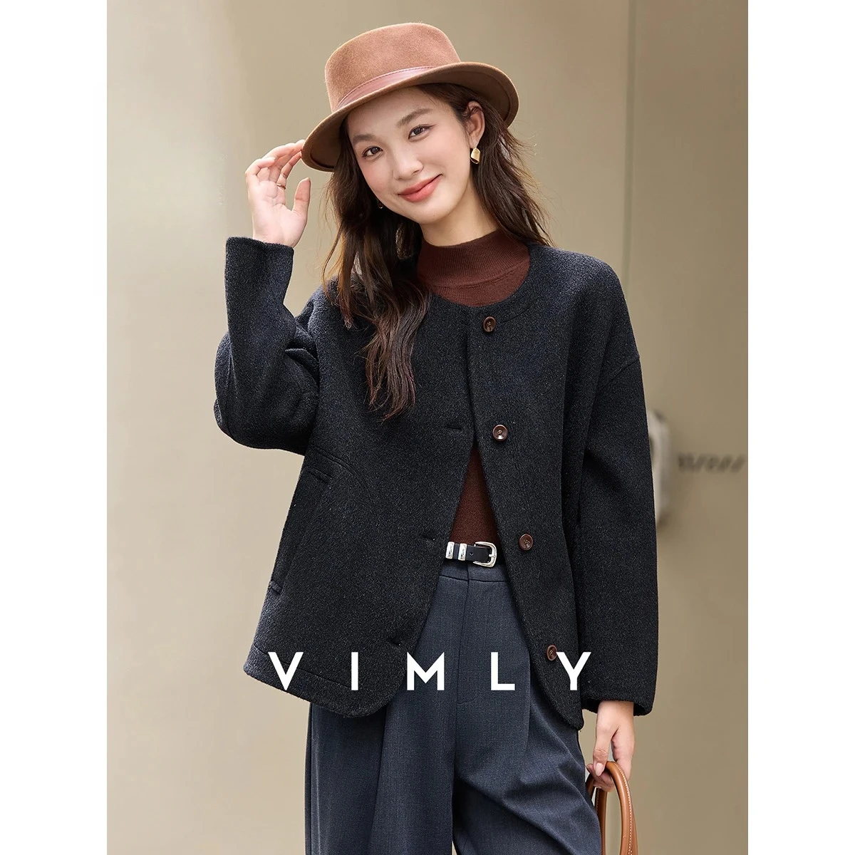 

VIMLY Women's Double Faced Wool Jacket 2025 Winter Round Neck Single Breasted Drop-shoulder Versatile Commuter Short Coat 50868