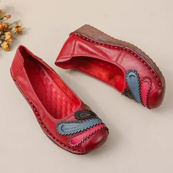 New 2025 genuine leather wedge flats woman patches slip on shoes elegant women's loafers handmade platform moccasin ladies flats