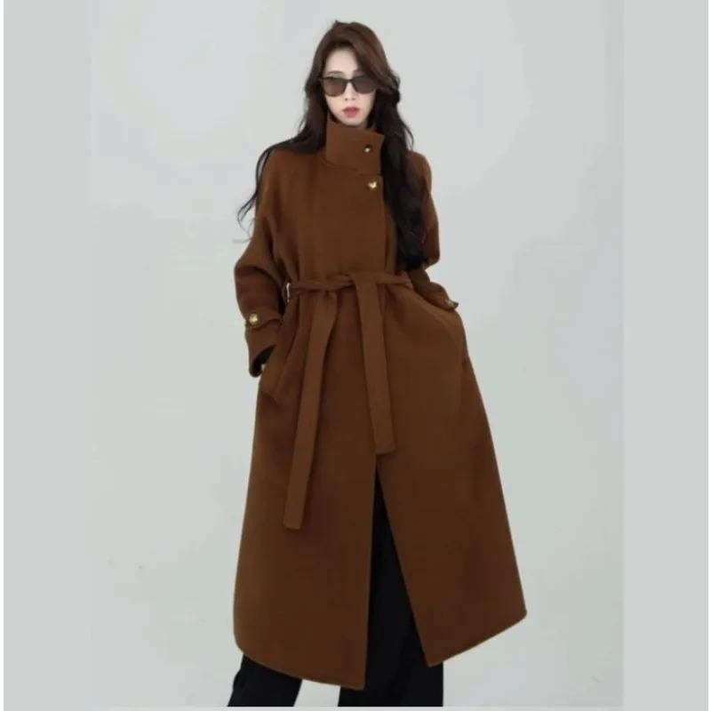 

2024 Winter Autumn Winter New Dopamine High-grade Sheep Long Stand Collar Temperament Double-sided Wool Coat Woolen Coat Fashion