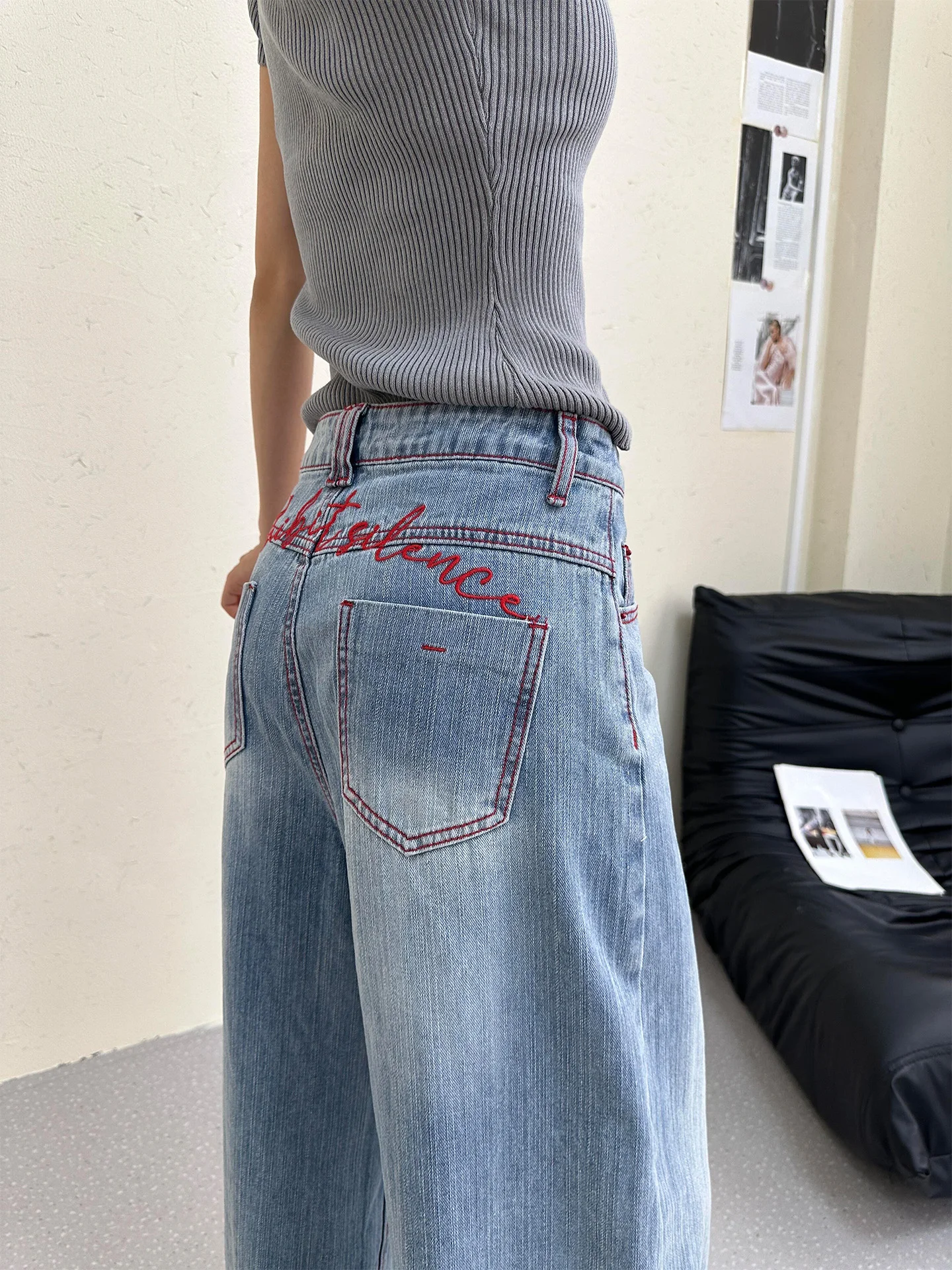 Summer 2026 Women's Slim Fit Jeans High Waist Wide Leg Pants American Style Embroidery Pockets Pear Shaped Body Wash Denim