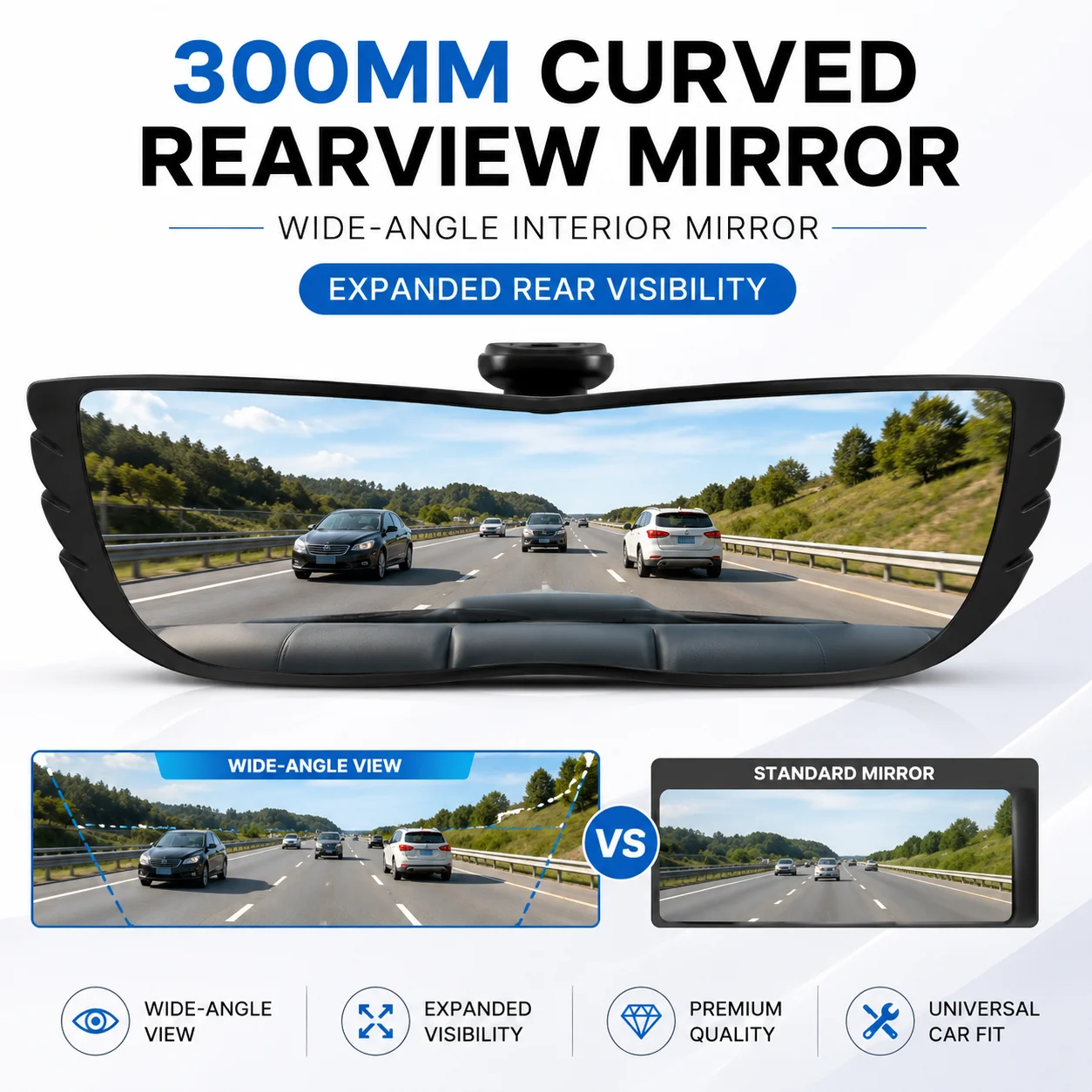 300mm Curved Wide Angle Rearview Mirror Universal Clip-On Interior Car Mirror With Clear Panoramic View