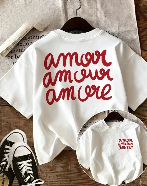 With Double-Sided Print Featuring Handwritten Style Red with The Letters 'Amor Amor Amor' Round-Neck Pure Short-Sleeve T-Shirt