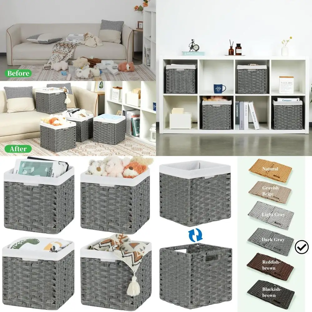 

4-Pack Dark Grey Wicker Storage Cubes with Liners for Home Organization, 11x11 Waterproof Baskets for Shelves and Cabinets