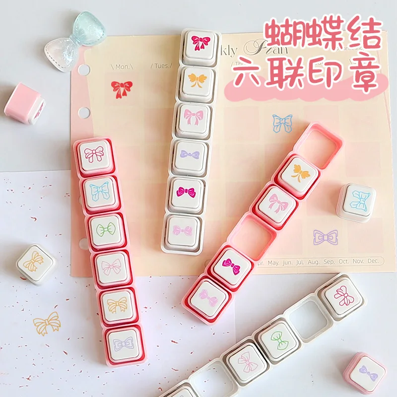 New Cute decorative bow with six detachable stamps, perfect for DIY decorations, journaling, and daily check-ins