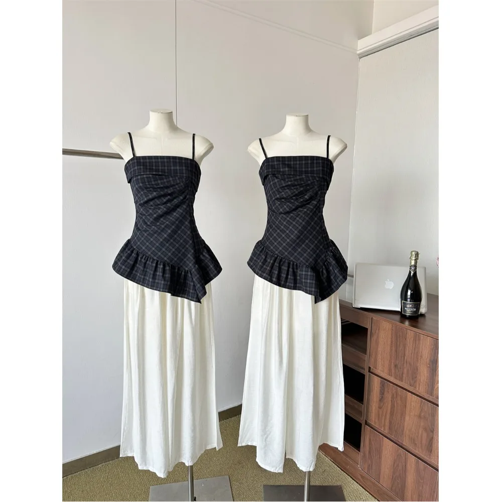 

Lin Summer Vintage Plaid Strap Vest Casual Pants Two-Piece Set Women's Fashion Summer Outfit Casual Wear Two-Piece Suit