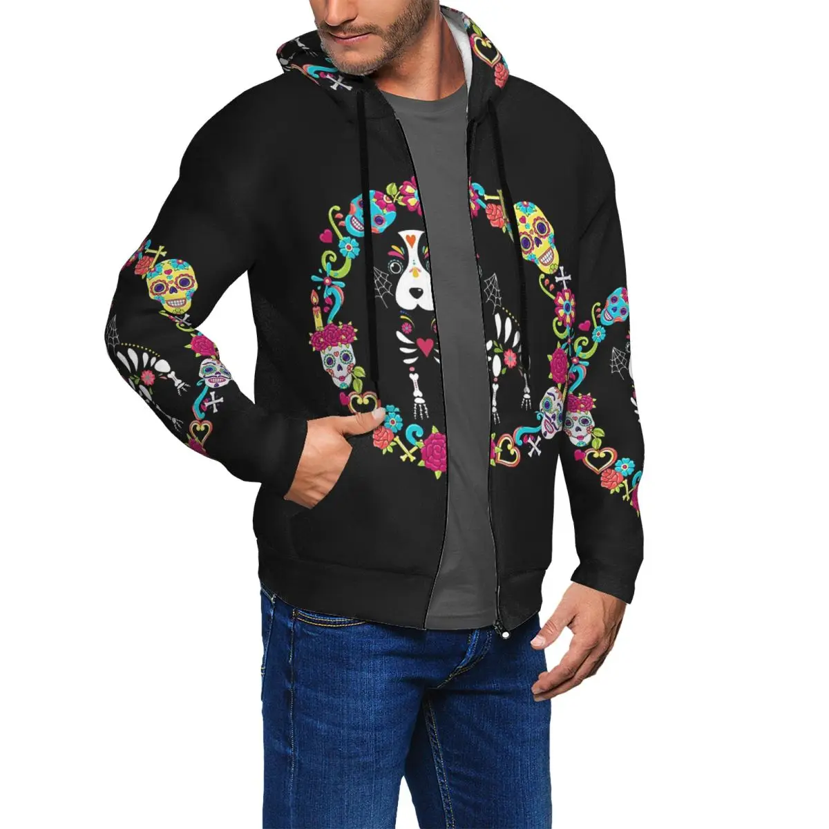 Dog Dias De Los Muertos Day Of The Dead Zipper Hoodie Harajuku Pullover Autumn Winter Men's Women's Sweatshirts Long Sleeve Tops