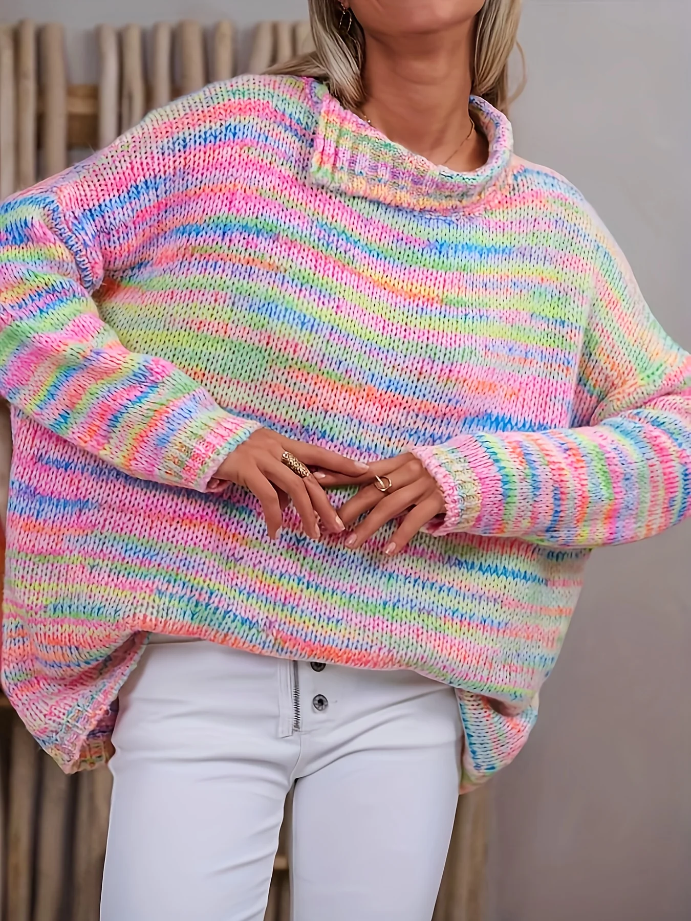 Dopamine Loose Damen-Strickpullover, modisches Strickoberteil in Kontrastfarbe für Frühling und Herbst