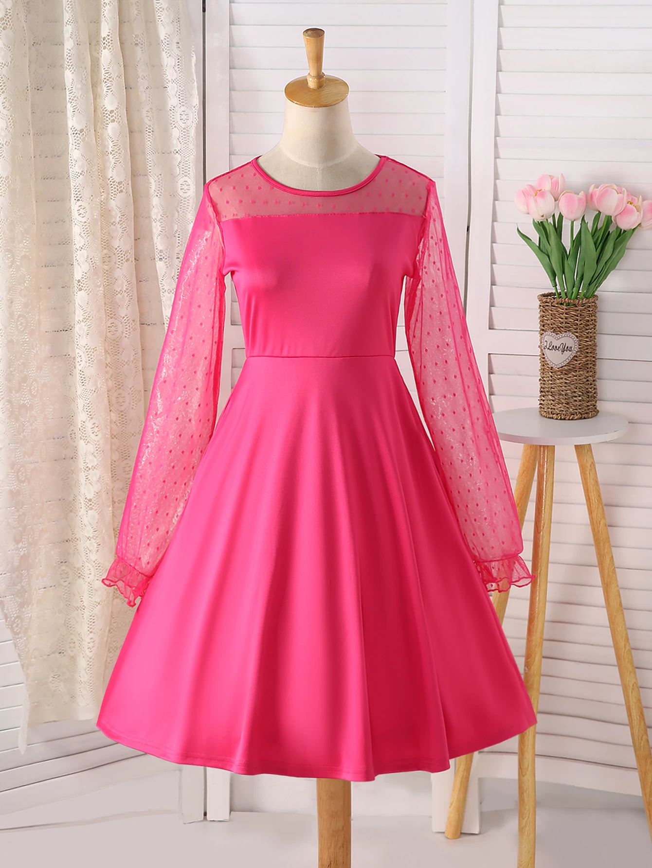Frühling/Herbst Neue Mädchen Rundhals Langarm Nette Einfarbig Prinzessin Rock Mit Polka Dot Mesh Spleißen, um Dünne Kleid