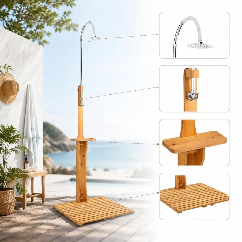 Immagine 5: Doccia da esterno in legno di teak naturale, con poggiapiedi, per patio, piscina e giardino, colore naturale. Da montare su terrazze, bordi piscina e giardini privati per lavarsi e rimuovere lo sporco dopo il nuoto.