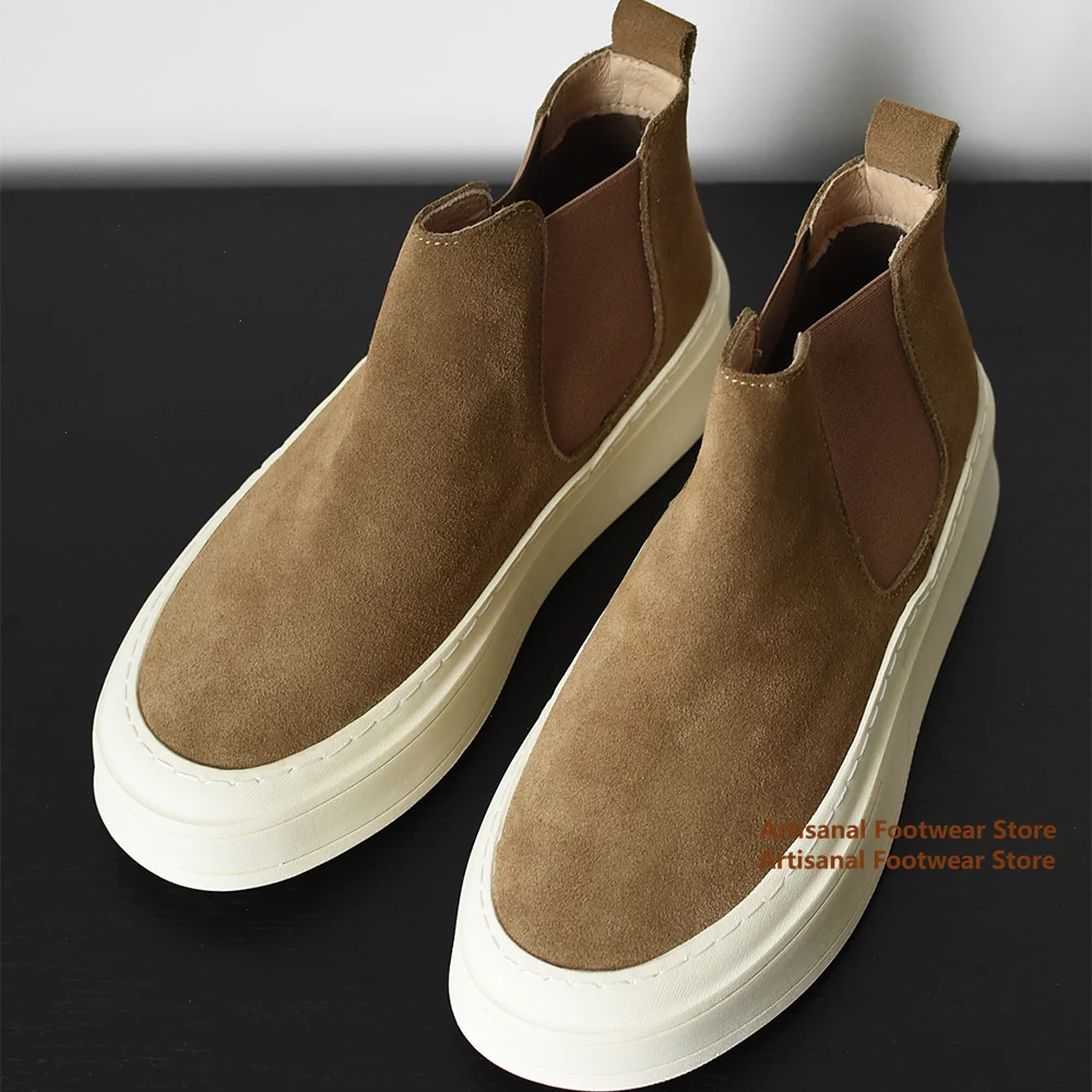 Vintage Brown/gray Suede Chelsea Boots for Men Round Toe Elastic Band Thick Soled British Style Handmade Men's Shoes Botas Mujer