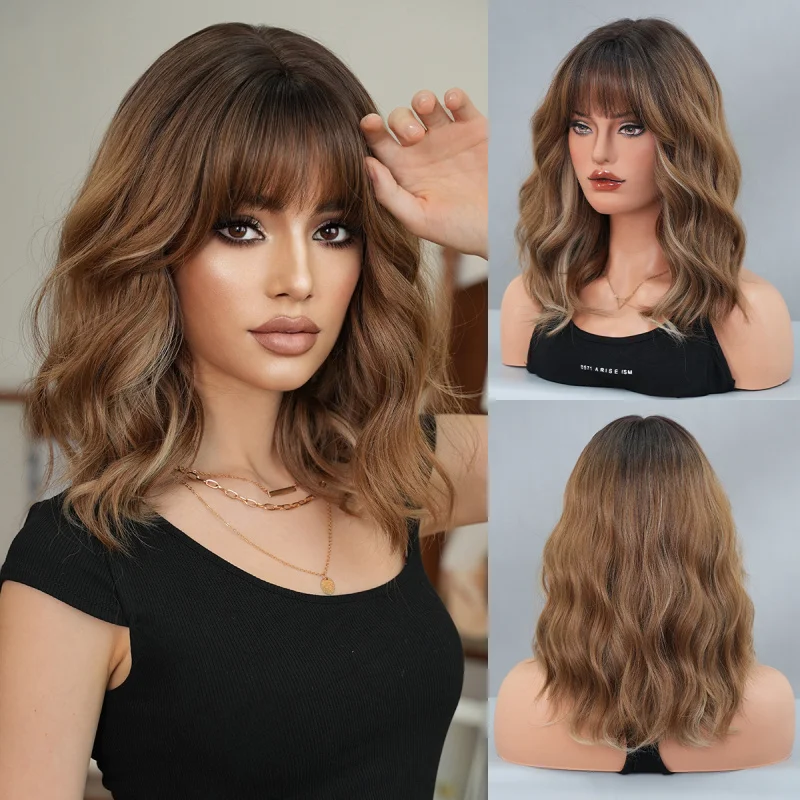 High-quality 14-inch shoulder-length wig for women, Parisian dyed short wavy curly hair, fashionable bob style, full