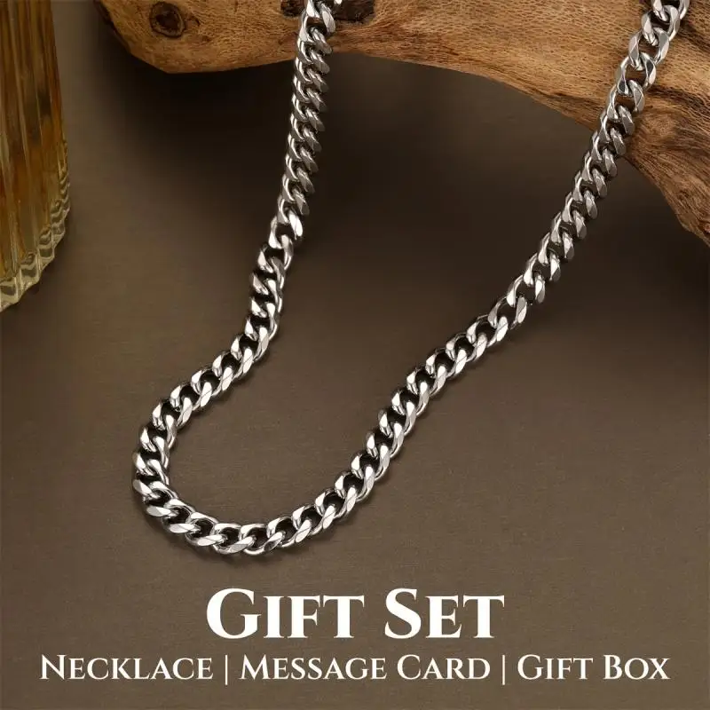 Dear Grandpa Cuban Link Chain, Men Classic Stainless Steel Six-sided Polished Necklace Set, Necklace + Gift Box + Card Set