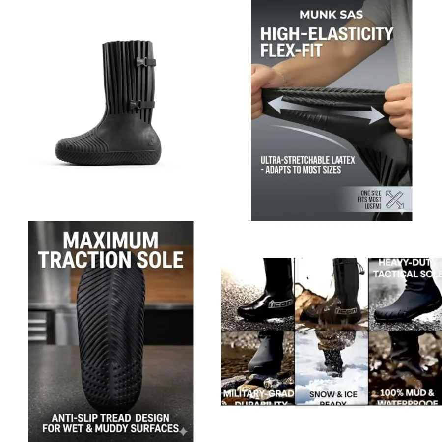 

MUNK SAS Waterproof Latex Shoe Covers - Reusable Rain Boots Protectors with Anti-Slip Sole for Motorcycles, Hiking, Mud and Out