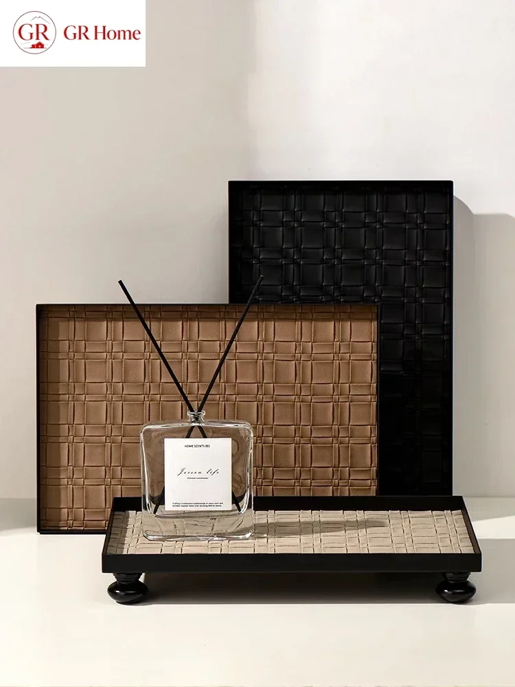 Ahunderjiaz-Leather Rectangular Storage Tray, Hand-Woven, Desktop Decorative Trays, Home Decoration, Light Luxury