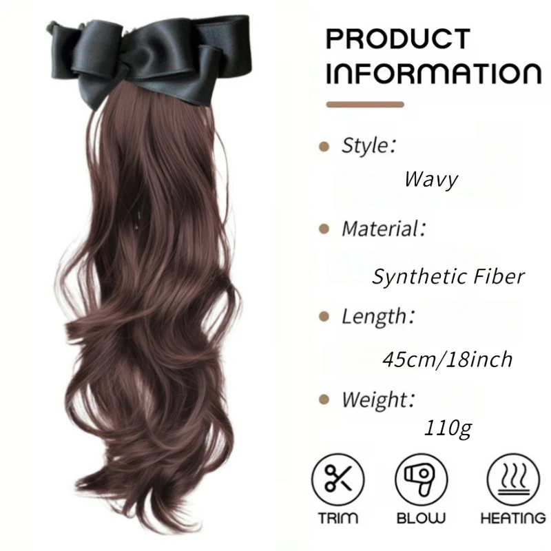 Elegant Synthetic Silk Bowknot Banana Claw Clip Ponytail Wig With Grab Clip Long Wavy Layered Ponytail for Women Daily Use