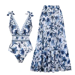 Bikinis De Mujer 2025 V Neck Lace Up Printed One Piece Swimsuit and Skirt Sexy Beach Outfits Women Es De Baño 2024 Mujer