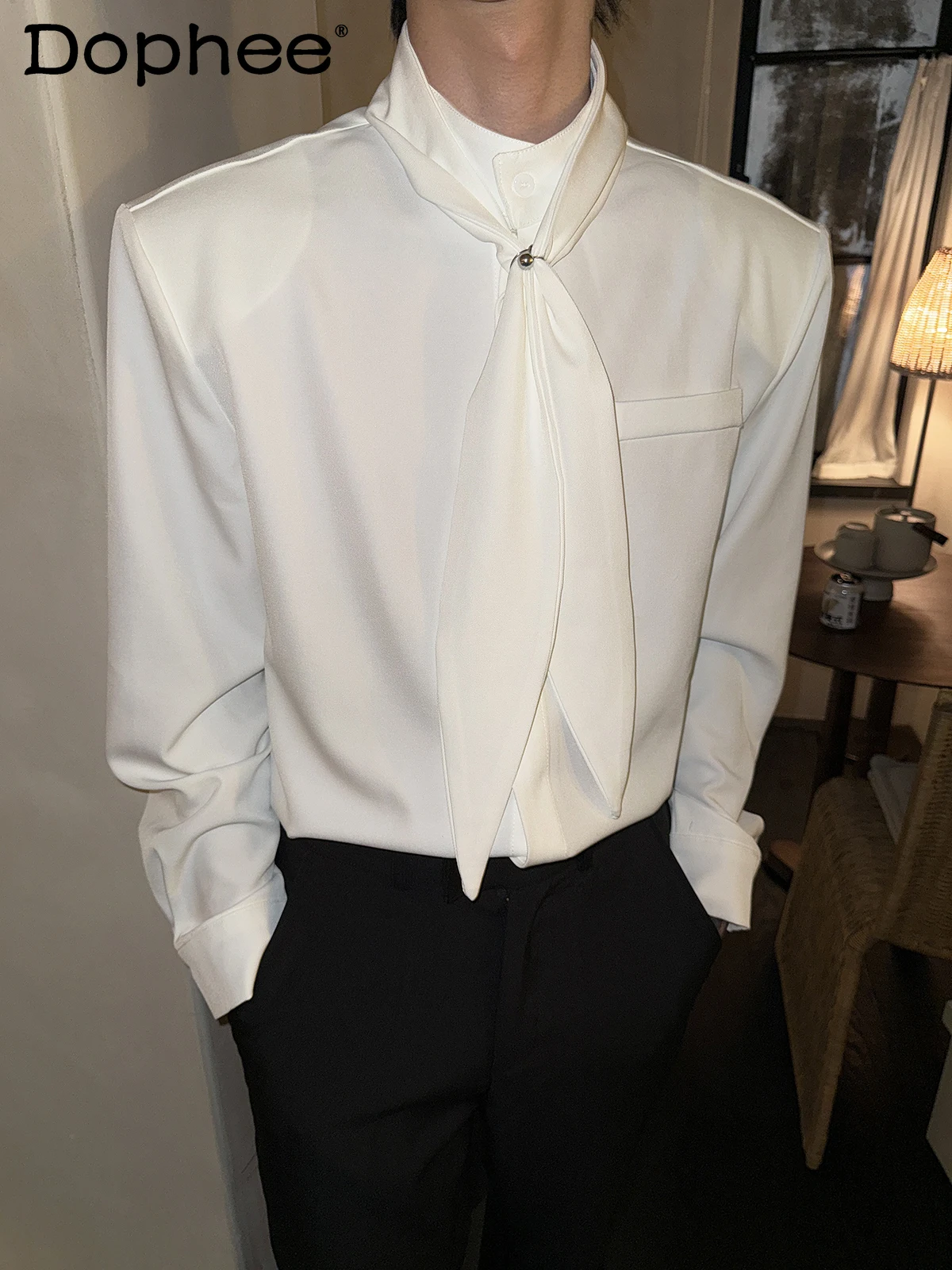 

2025 Autumn New French Retro Stand Collar White Shirt Men Long Sleeve Inner Shirt Elegant Loose Casual Top