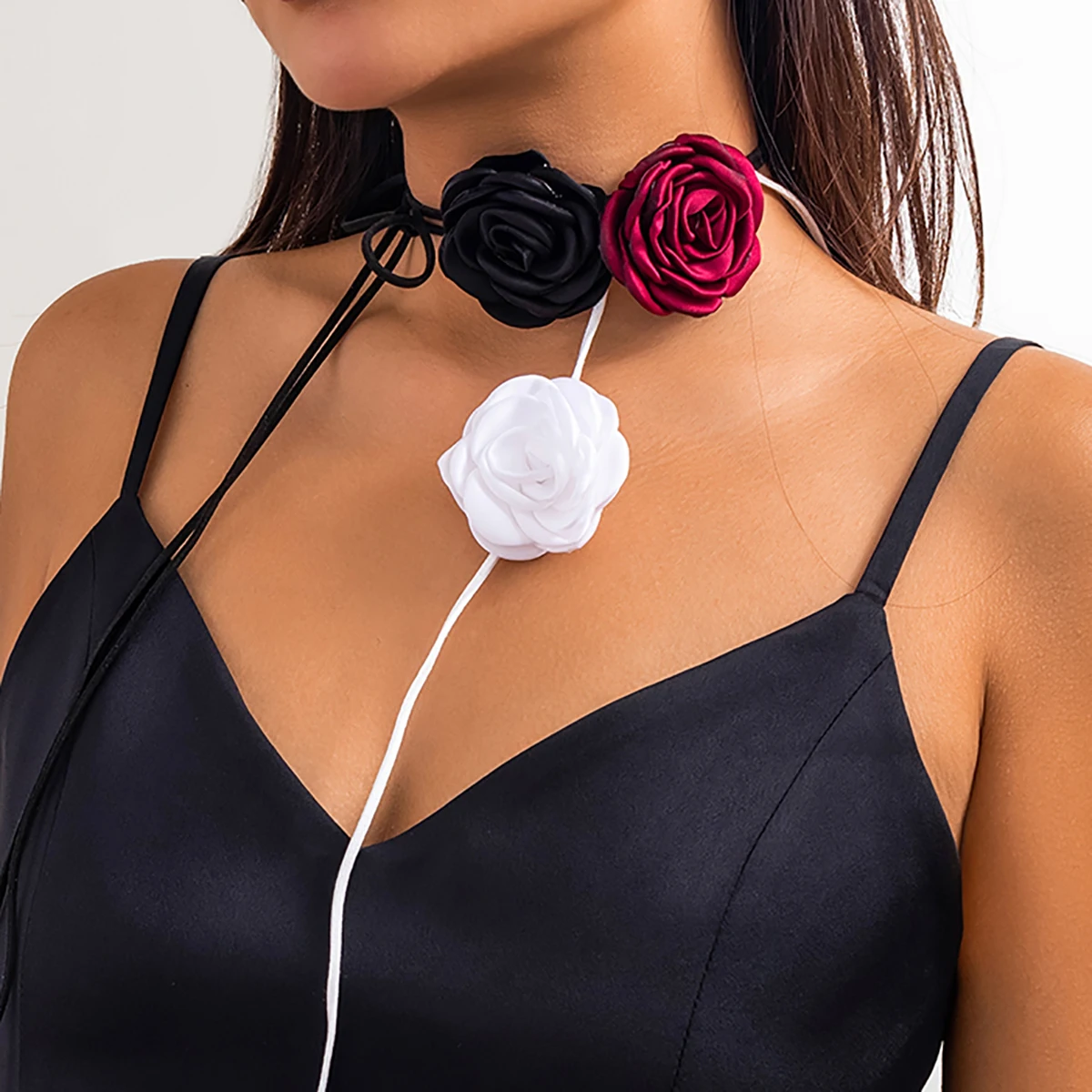 Long Lace-up Rope Chain with Big Flower Choker Necklace for Women Elegant 3 Pcs Separable Collar on Neck 2023 Fashion Jewelry