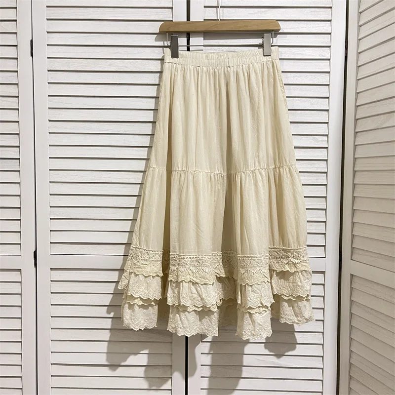 Women Bohemian Elastic High Waist Long Skirt Mori Kei 100% Cotton Lace Embroidery Beige Midi Skirt Boho Clothing
