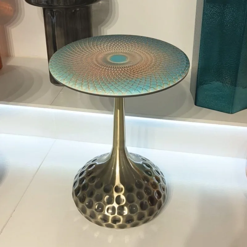 Modern Minimalist Tea Table for Living Room with Microcrystalline Stone Top Bronze Brushed Edge Nordic Style Bedside Round