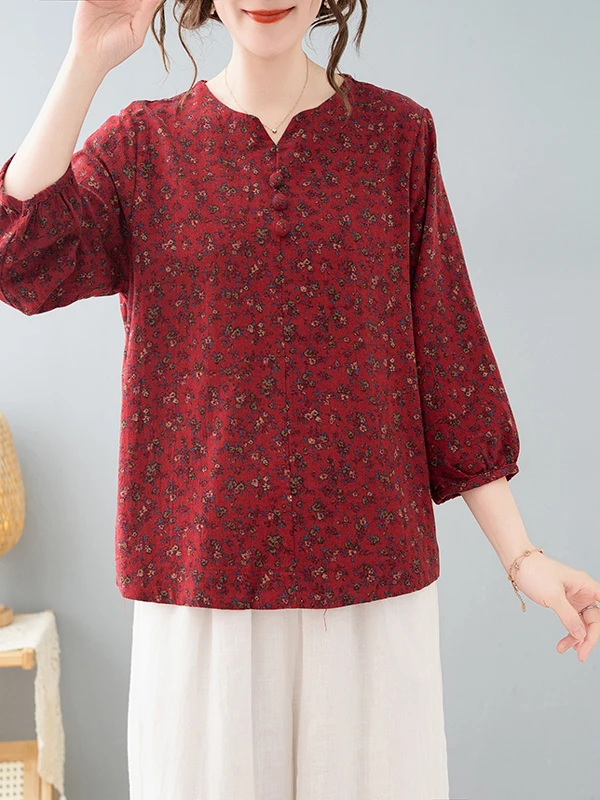 

Loose Cotton Linen Spring Autumn Women's T-irt Floral Print f Sve Mid-aged And ly Faion round Ne Top