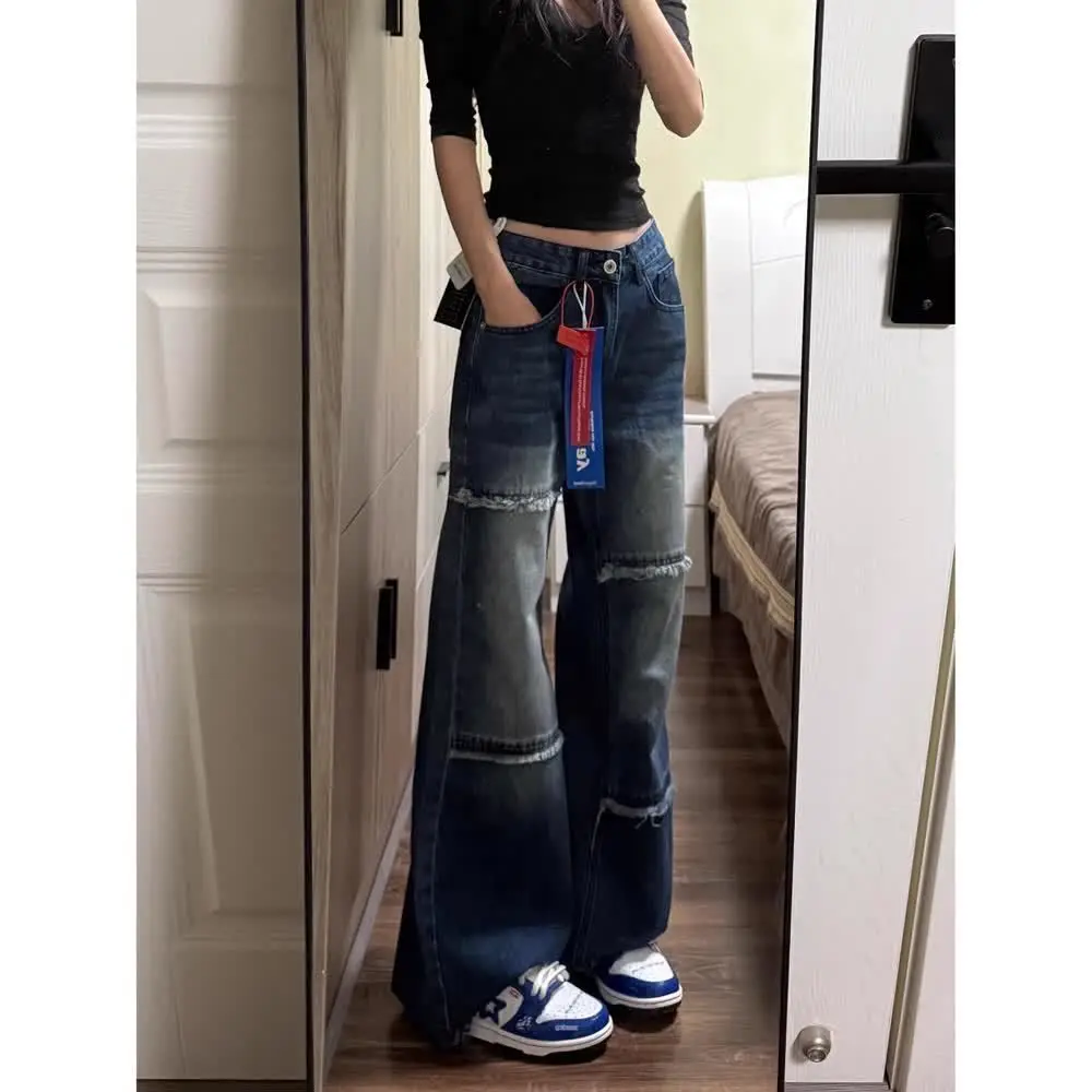 Korean Popular Clothes Straight Loose Wide Legs Splicing Design Sense High Street Trendy Edge Jeans Men's Baggy Flare Pants