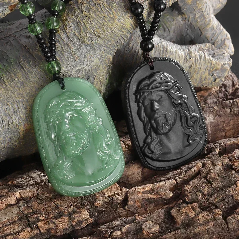 Vintage Christian Obsidian Jesus Statue Pendant Necklace Catholic Prayer Amulet Jewelry Men Women