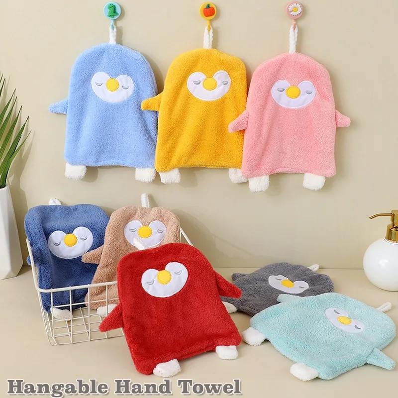 1PC Handle Penguin Shape Hanging Towel, Coral Fleece Absorbent Hand Towel for Kitchen Bathroom Home Cleaning Simple Gift