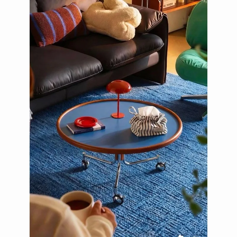 Movable round coffee table living room sofa solid wood small side table with wheels small round table