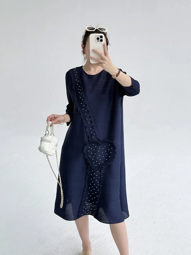 

Fold Miyake Women's Dresses 2025 Early Fall New Fashion Slim Loose Plus Size Pleated Dress Beaded Round Neck Mid-length Dresses