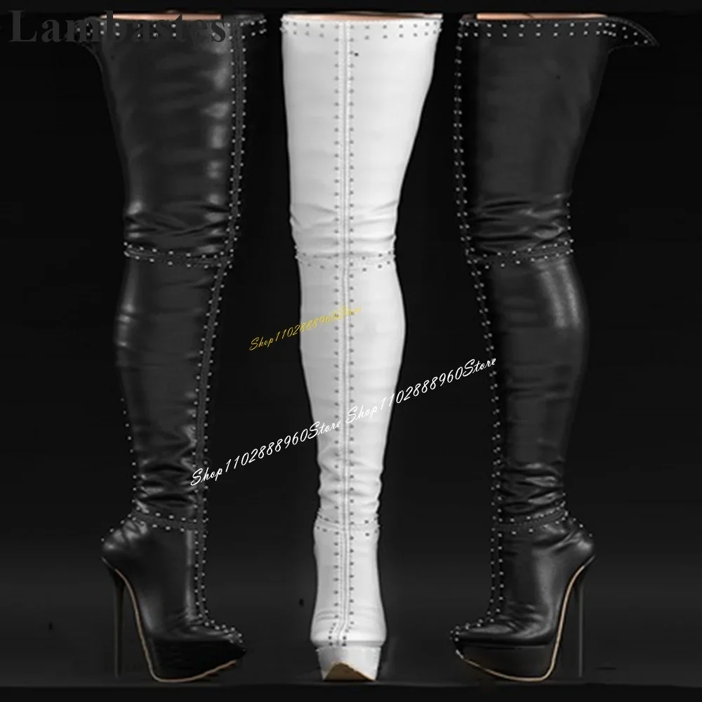 

Thigh High Black Rivet Decoration Platform Boots Thin High Heel Shoes For Women Pointed Toe 2024 Fashion Zapatos Para Mujere