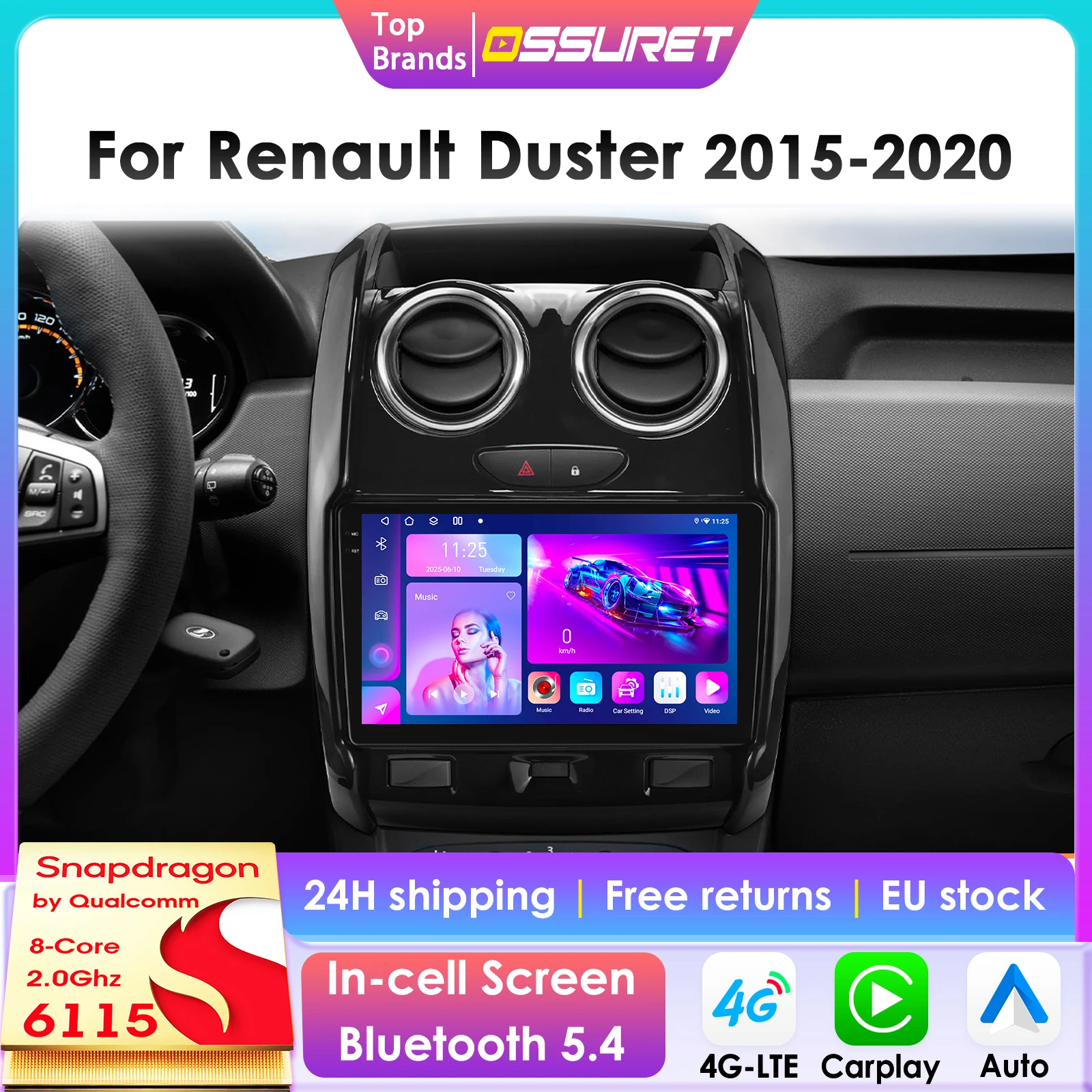 Autoradio Wireless CarPlay Android Auto per Renault Duster 2015 - 2020, Sistemi Intelligenti GPS, Stereo Multimediale 6115