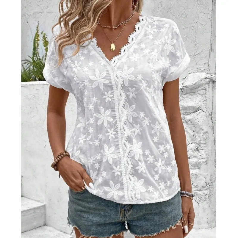 Elegant Blouse White Shirt Lace 2024 Summer Fashion Hollow Flower Embroidery Short Sleeve Pullover Top Office Lady Shirt S-2XL