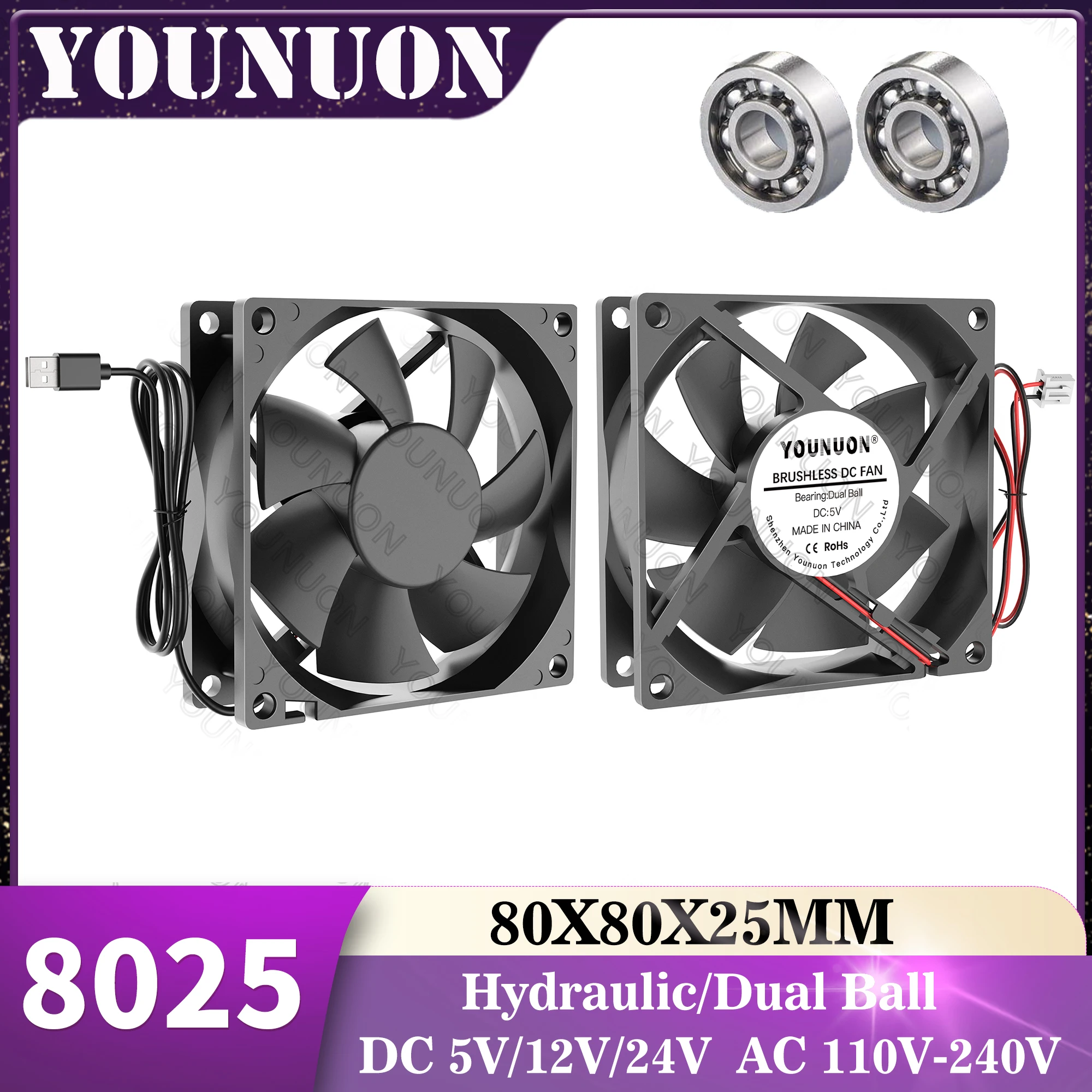 YOUNUN 80mm 8025 80X80X25MM Wentylator Chłodzący 5V/12V/24V DC Bezszczotkowy Wentylator Chłodzący 8025 Wsuwany i Dwukulkowy Wentylator Osiowy