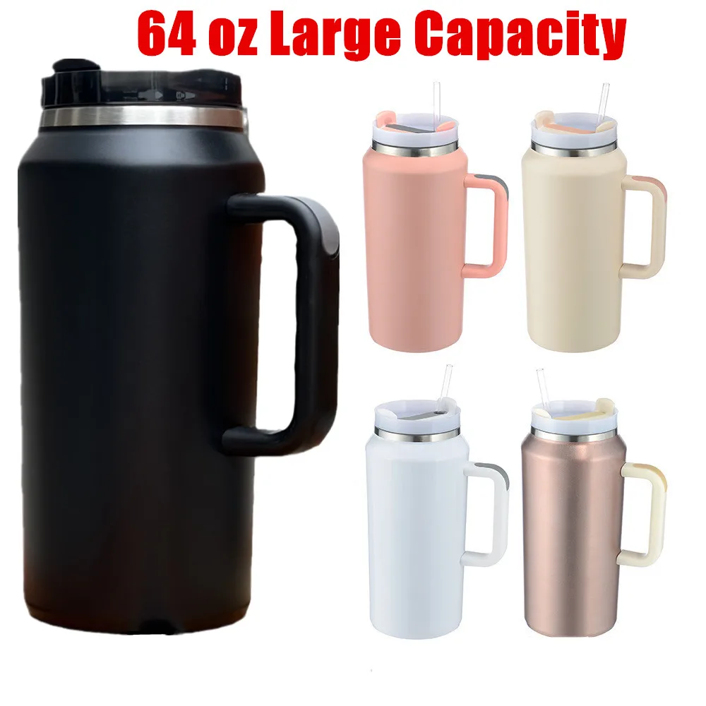 64oz Insulated Water Cup Mug With Straw Handle Tumbler For High Capacity Drinks Insulated Cold Hot Thermos Car Cup Mug With Lid