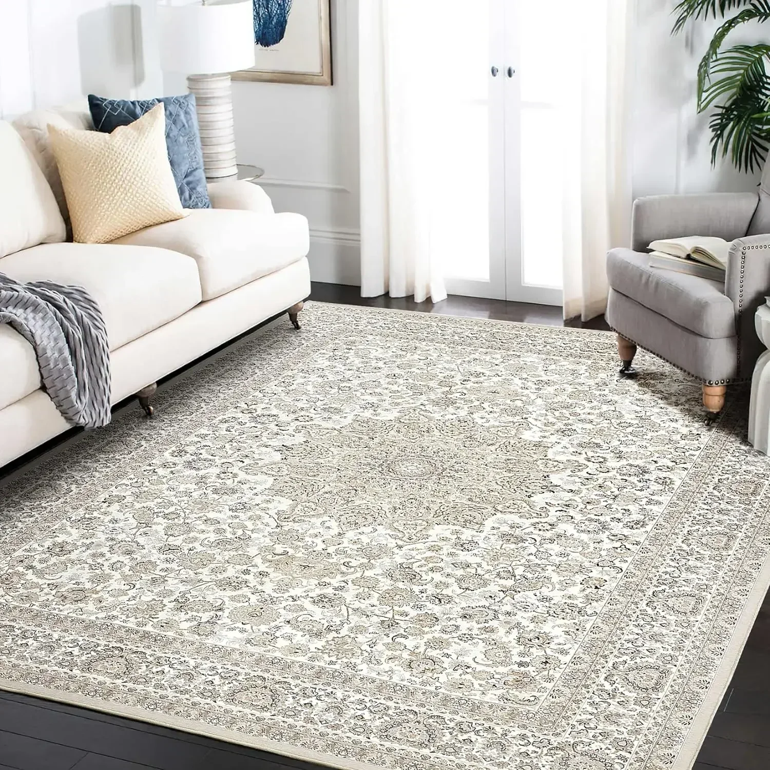 Furniture suppliesArea Rug Living Room Rugs: 8x10 Large Machine Washable Non Slip Thin Carpet Soft Indoor Luxury Floral Stain Re