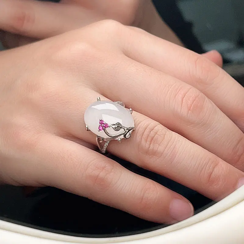 Natural white Jade 925 silver ring for women large sixe silver jade ring for party 13mm*18mm 10ct 925 Silver jasper Jewelry