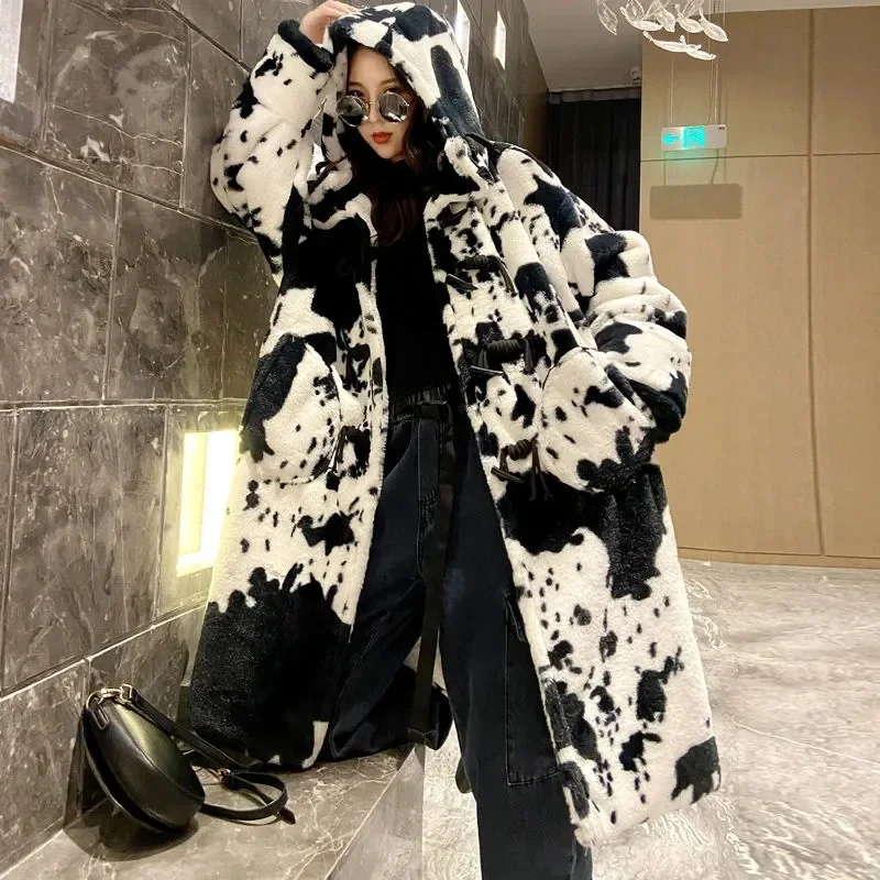 2023 Winter New Faux Fur Women Thickened Cow Pattern Outerwear Winter Hooded Fur Coat Lengthened Oversize Overcoat Parka Jacket