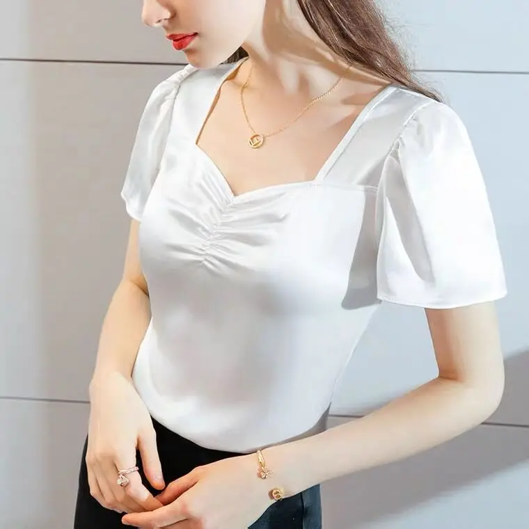 Plus size Summer Square Neck Vintage Puff Sleeve Acetate Satin Shirt Khaki white elegant British style wild ice silk top blouse