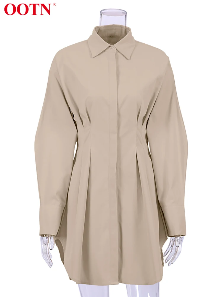 OOTN Office Khaki Pleated Shirt Dress Fashion Casual A-Line Single Breasted Dresses Turn-Down Collar High Waist Mini Dress 2024