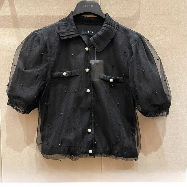 

Slimming Effect ort Sve irt Heavy Embroidery Collar Netting Top Versatile Korean Sle Commute Wind Button Detail