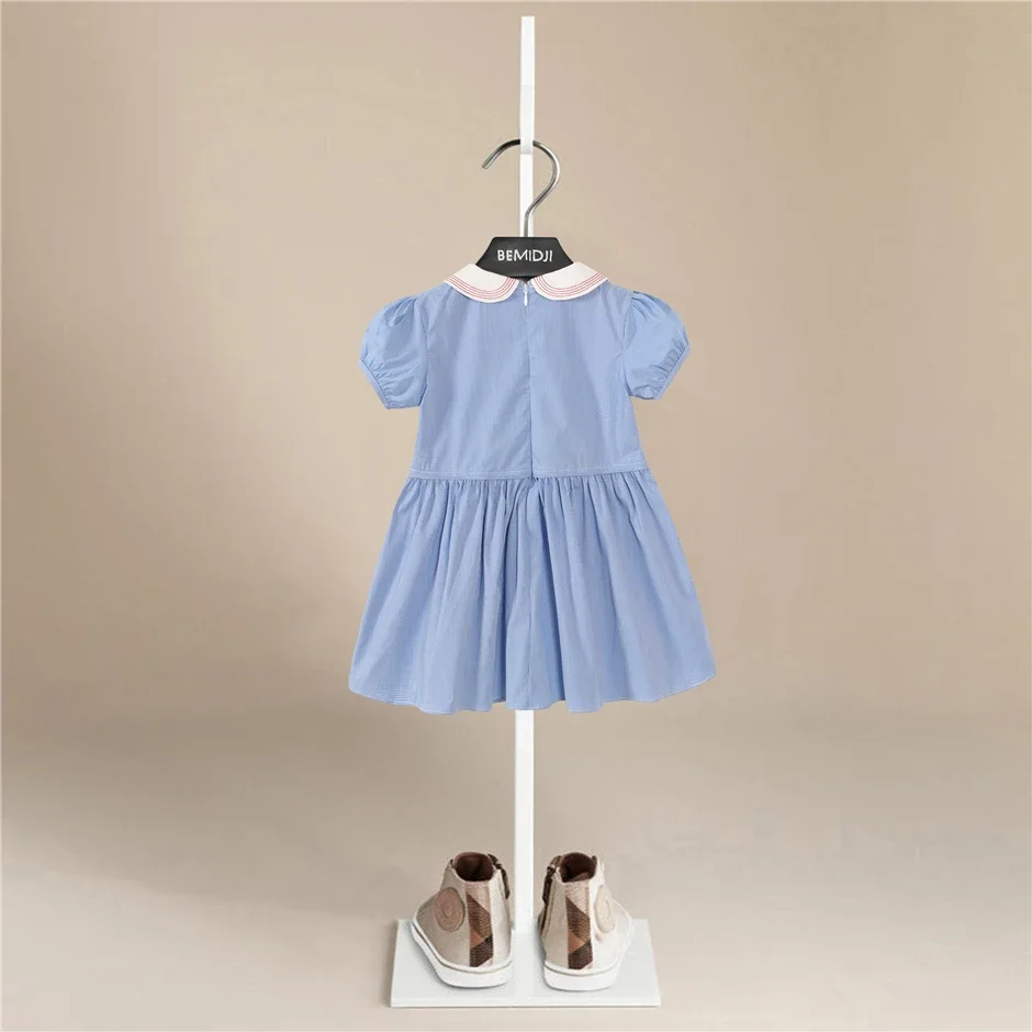 Summer Baby Girl Clothes Light Blue Striped Short Sleeve Dress for Toddler Girl Baby Birthday Kids Clothing College Style  Dress